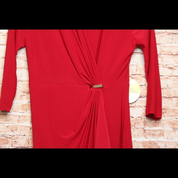 Emma & Michelle | Red Gathered Surplice Dress - Picture 9 of 13
